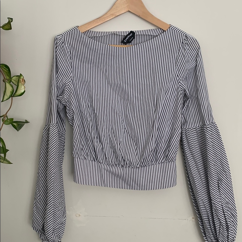 bebe Black and White Striped Cropped Blouse